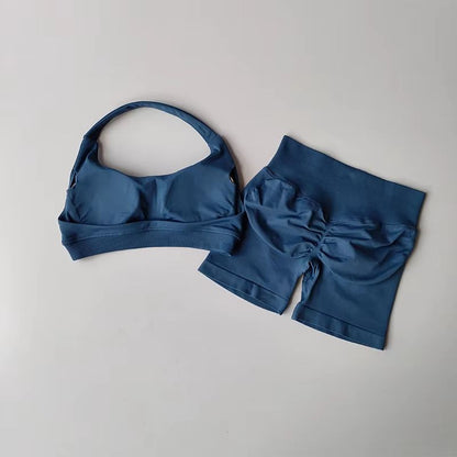 Halter Peach Backless HighWaist Sports Bra  Shorts Set  Yoga  Pilates Activewear 4