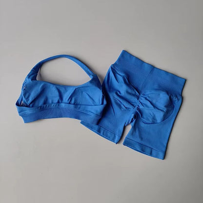 Halter Peach Backless HighWaist Sports Bra  Shorts Set  Yoga  Pilates Activewear 10
