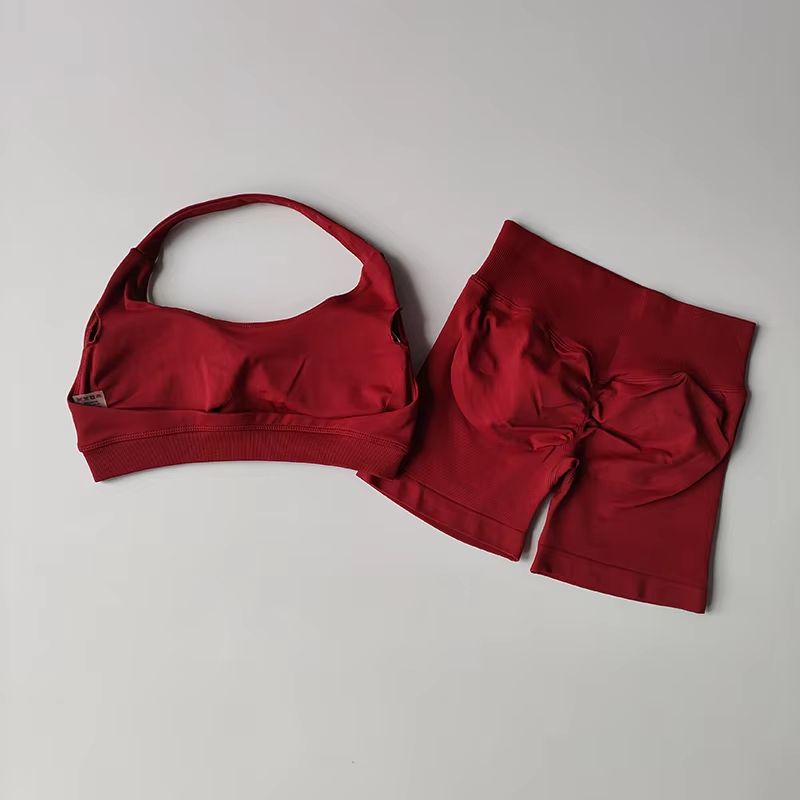 Halter Peach Backless HighWaist Sports Bra  Shorts Set  Yoga  Pilates Activewear 14