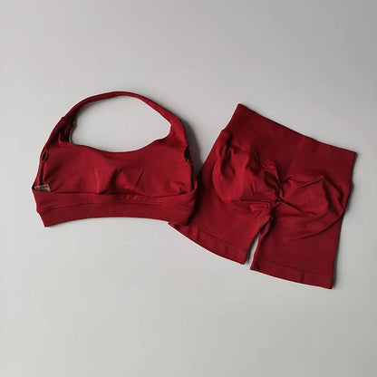 Halter Peach Backless HighWaist Sports Bra  Shorts Set  Yoga  Pilates Activewear 14