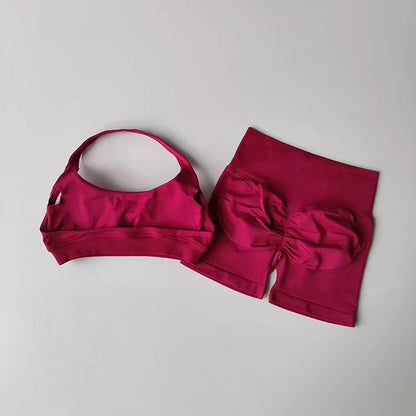 Halter Peach Backless HighWaist Sports Bra  Shorts Set  Yoga  Pilates Activewear 16