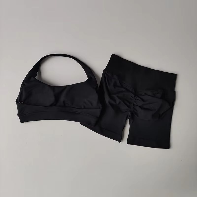 Halter Peach Backless HighWaist Sports Bra  Shorts Set  Yoga  Pilates Activewear 17
