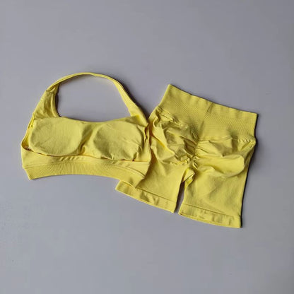 Halter Peach Backless HighWaist Sports Bra  Shorts Set  Yoga  Pilates Activewear 18
