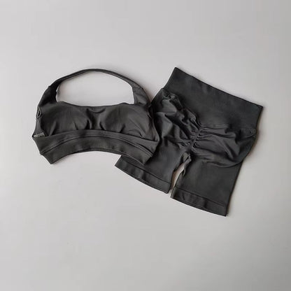 Halter Peach Backless HighWaist Sports Bra  Shorts Set  Yoga  Pilates Activewear 5