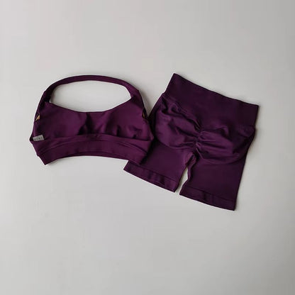 Halter Peach Backless HighWaist Sports Bra  Shorts Set  Yoga  Pilates Activewear 7