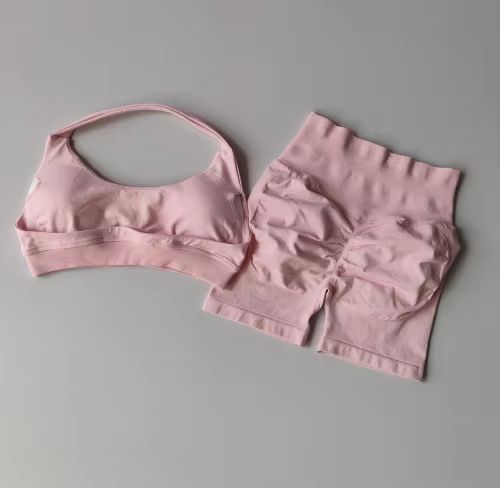 Halter Peach Backless HighWaist Sports Bra  Shorts Set  Yoga  Pilates Activewear 8