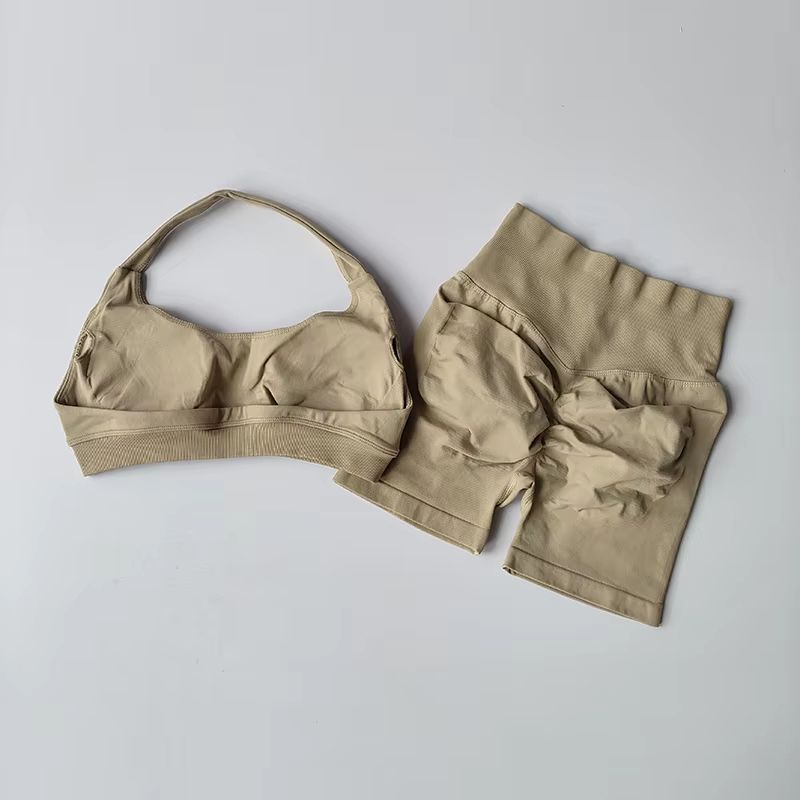 Halter Peach Backless HighWaist Sports Bra  Shorts Set  Yoga  Pilates Activewear 20