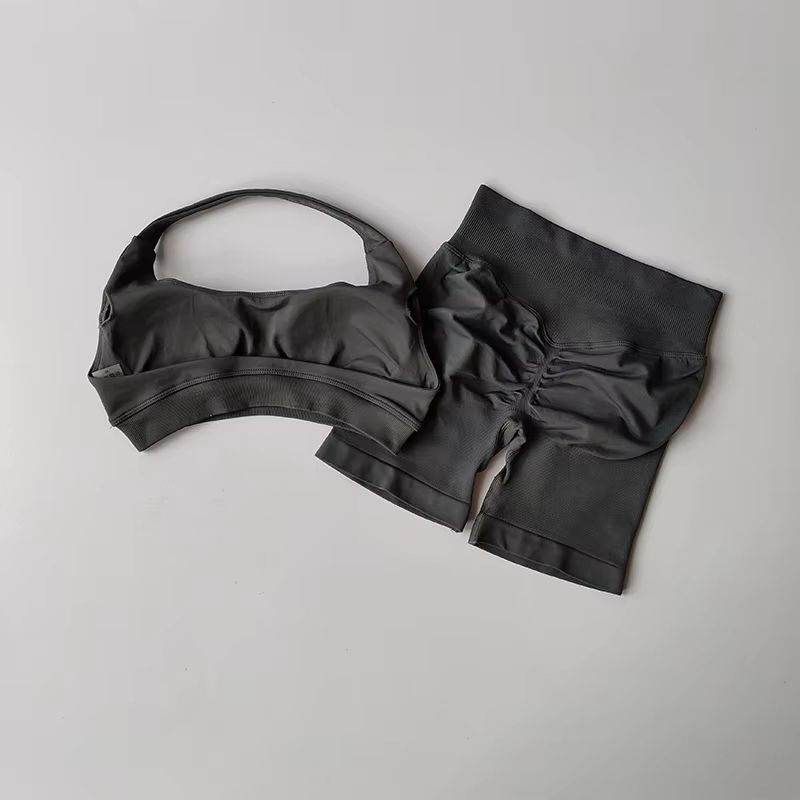 Halter Peach Backless HighWaist Sports Bra  Shorts Set  Yoga  Pilates Activewear 21