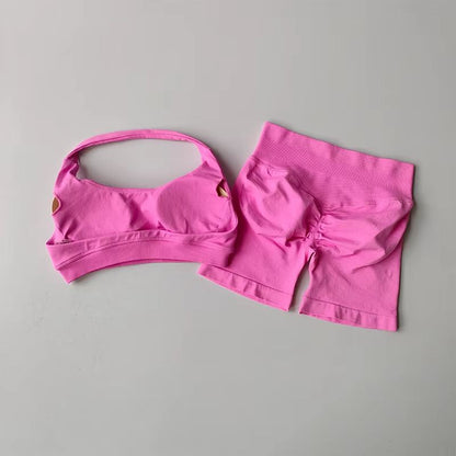 Halter Peach Backless HighWaist Sports Bra  Shorts Set  Yoga  Pilates Activewear 22