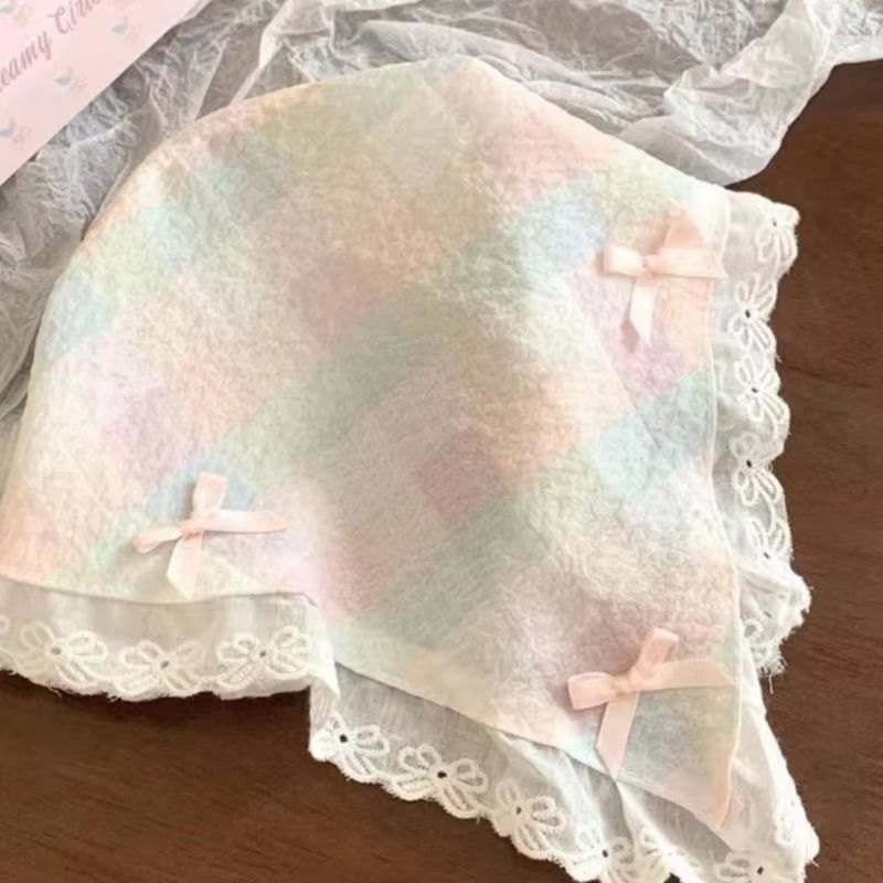 Korean Lace Bow Triangular Scarf  Elegant Retro Headscarf  Y2K Bandana For Women 4