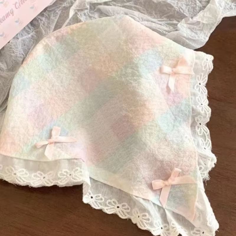 Korean Lace Bow Triangular Scarf  Elegant Retro Headscarf  Y2K Bandana For Women 7
