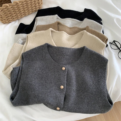 Autumn New Women Cardigan, Korean Knitted Sleeveless Sweater, Elegant Casual Slim Ladies Tops