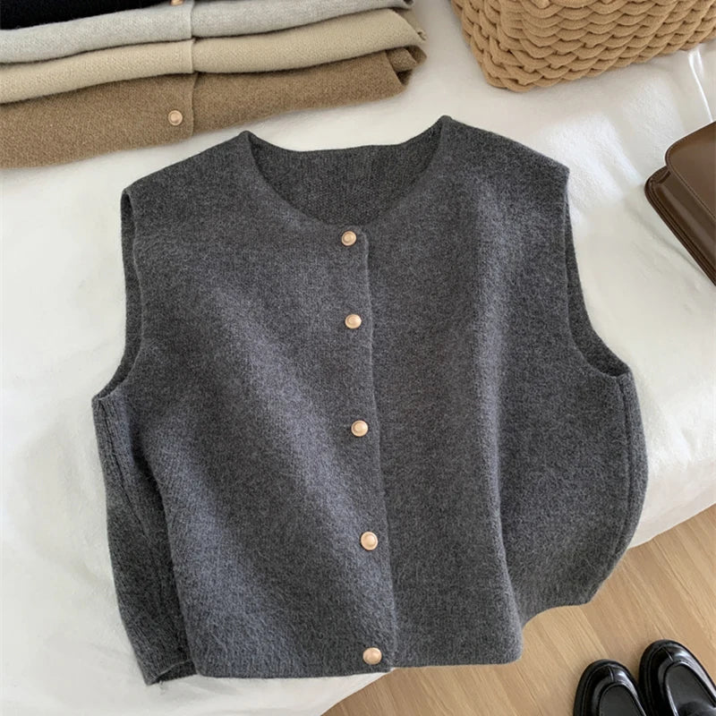 Autumn New Women Cardigan Korean Knitted Sleeveless Sweater Elegant Casual Slim Ladies Tops 1