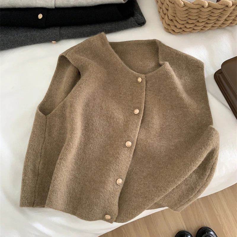 Autumn New Women Cardigan Korean Knitted Sleeveless Sweater Elegant Casual Slim Ladies Tops 3
