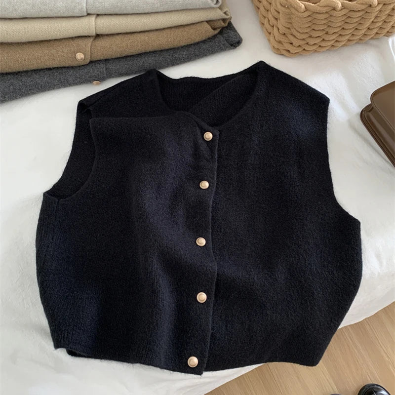 Autumn New Women Cardigan Korean Knitted Sleeveless Sweater Elegant Casual Slim Ladies Tops 7