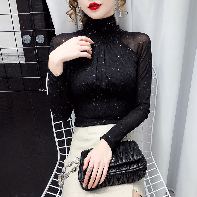 Korean fashion mesh top, high neck black bottoming t shirt, sexy casual lady blusa