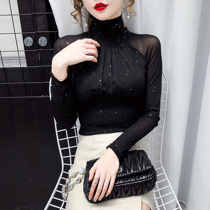 Korean fashion mesh top, high neck black bottoming t shirt, sexy casual lady blusa