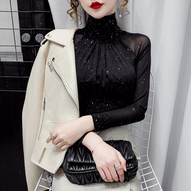 Korean fashion mesh top, high neck black bottoming t shirt, sexy casual lady blusa