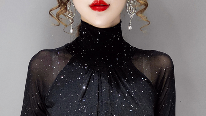 Korean fashion mesh top, high neck black bottoming t shirt, sexy casual lady blusa