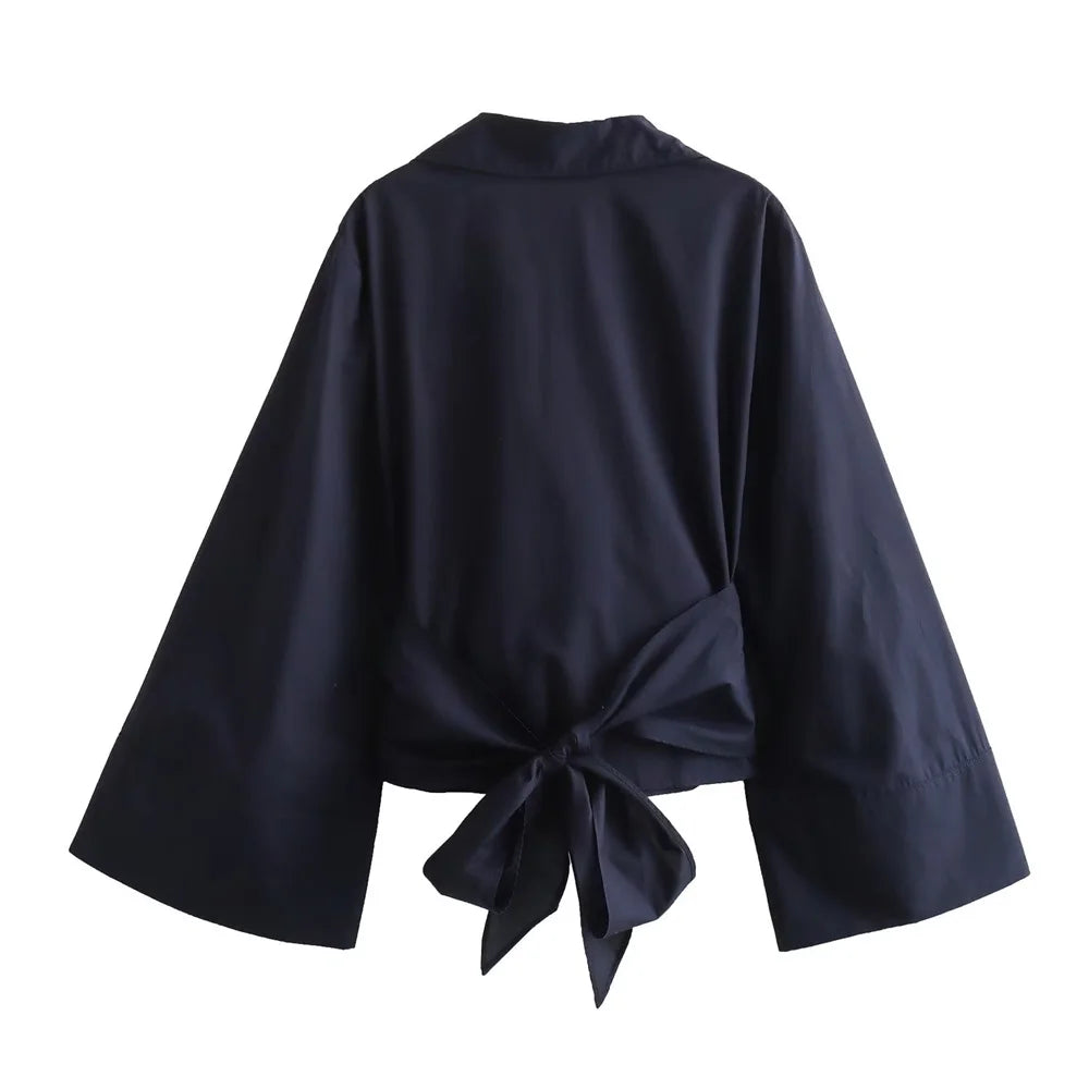 New Womens Fashion Short Edition Double Breasted Poplin Shirt, Casual Polo Neck Bow Tie Up