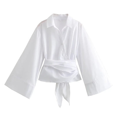 New Womens Fashion Short Edition Double Breasted Poplin Shirt, Casual Polo Neck Bow Tie Up