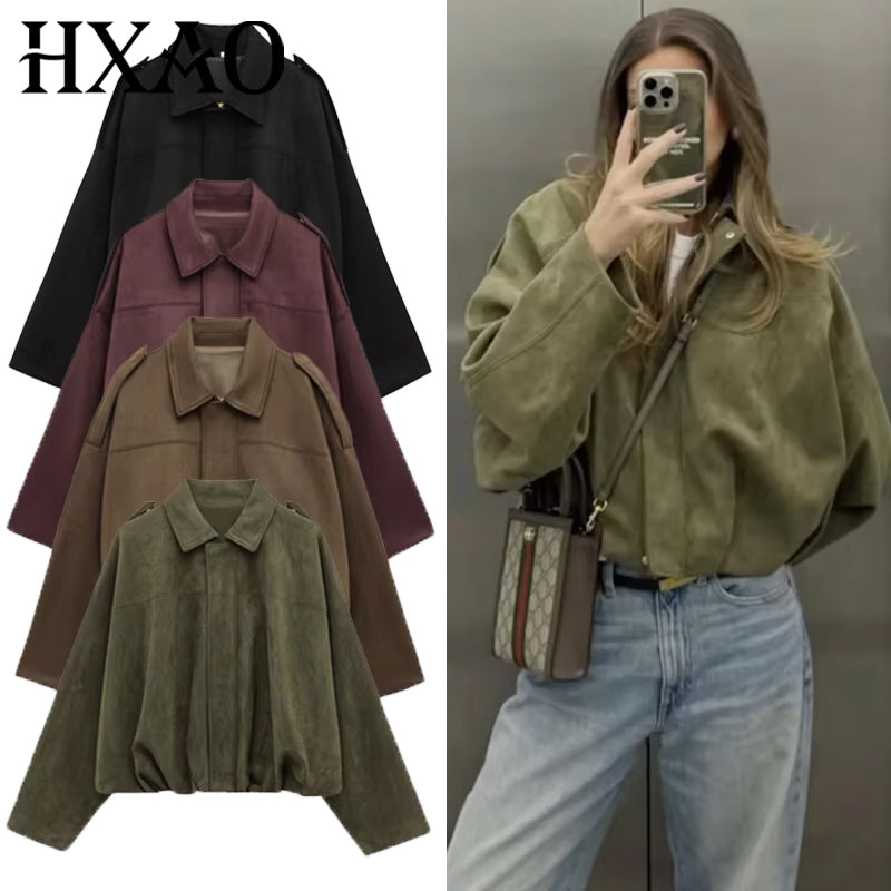 Lapel Suede Bomber Jacket Women, High Street Cropped Racing Coat, Long Sleeve Zipper Outerwear 2025