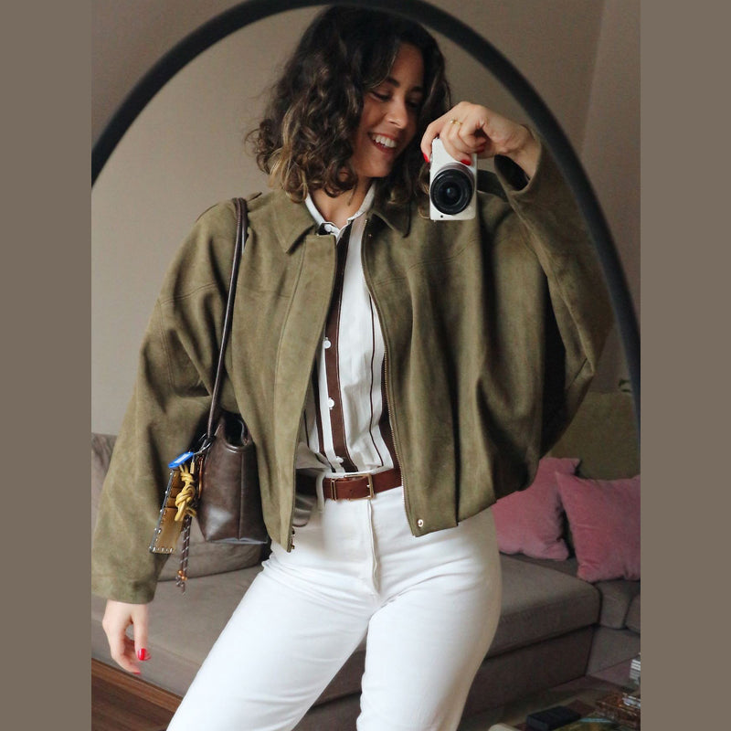 Lapel Suede Bomber Jacket Women, High Street Cropped Racing Coat, Long Sleeve Zipper Outerwear 2025