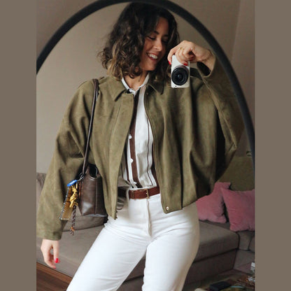 Lapel Suede Bomber Jacket Women, High Street Cropped Racing Coat, Long Sleeve Zipper Outerwear 2025