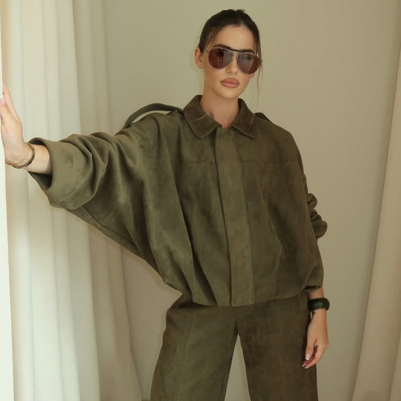 Lapel Suede Bomber Jacket Women, High Street Cropped Racing Coat, Long Sleeve Zipper Outerwear 2025