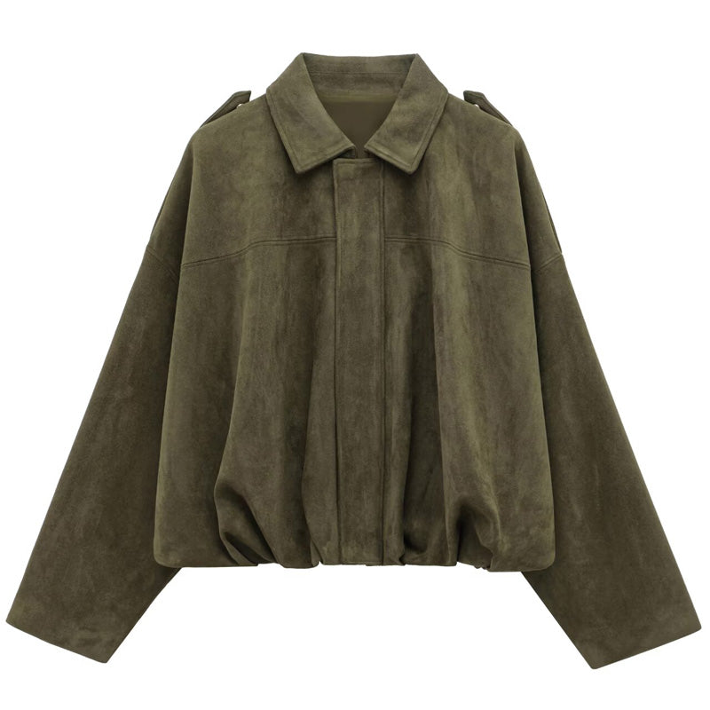 Lapel Suede Bomber Jacket Women, High Street Cropped Racing Coat, Long Sleeve Zipper Outerwear 2025