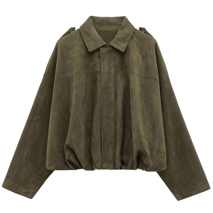 Lapel Suede Bomber Jacket Women, High Street Cropped Racing Coat, Long Sleeve Zipper Outerwear 2025