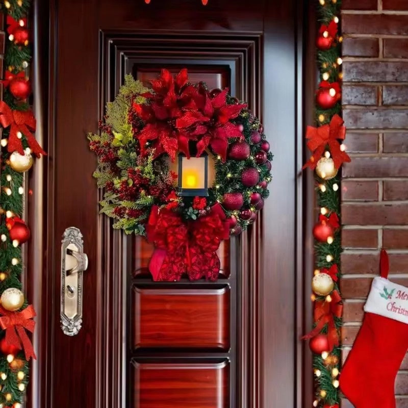 Elegant Pre Lit Christmas Wreath For Front Door Garland With LED Lantern And Large Bow For Holiday  1