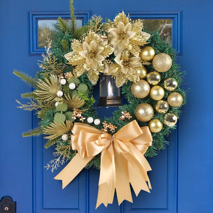 Elegant Pre Lit Christmas Wreath For Front Door Garland With LED Lantern And Large Bow For Holiday  2