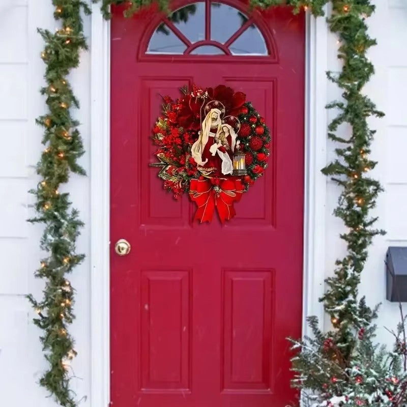 Elegant Pre Lit Christmas Wreath For Front Door Garland With LED Lantern And Large Bow For Holiday  3