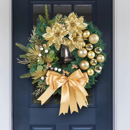 Elegant Pre Lit Christmas Wreath For Front Door Garland With LED Lantern And Large Bow For Holiday  4
