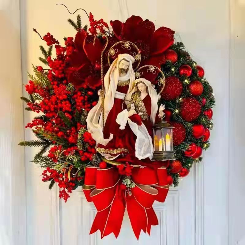 Elegant Pre Lit Christmas Wreath For Front Door Garland With LED Lantern And Large Bow For Holiday  8