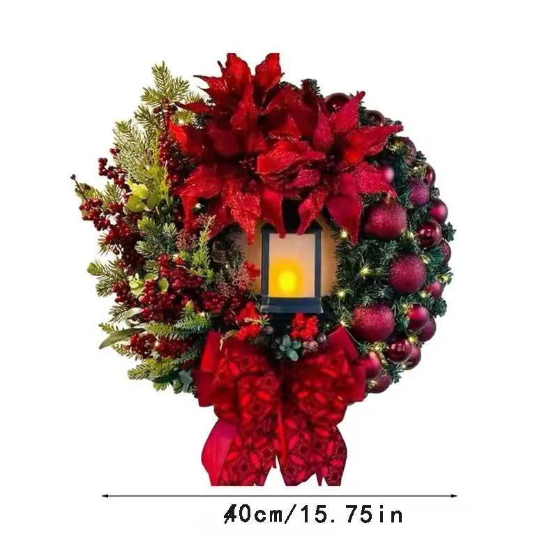 Elegant Pre Lit Christmas Wreath For Front Door Garland With LED Lantern And Large Bow For Holiday  5