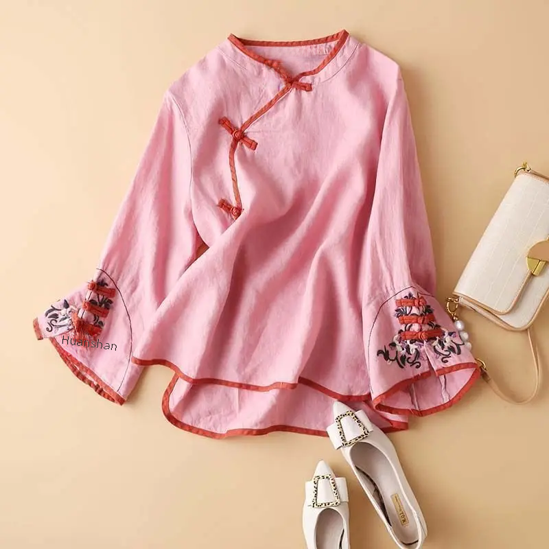 2023 New Spring Womens Shirt, Chinese Style, Artistic Embroidery, Loose Fit, V Neck Top, Fashionable Clothes for Women