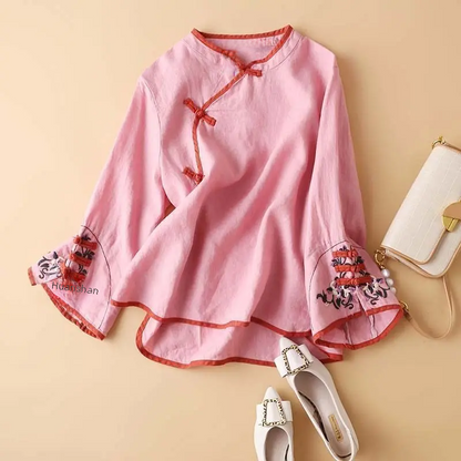 2023 New Spring Womens Shirt, Chinese Style, Artistic Embroidery, Loose Fit, V Neck Top, Fashionable Clothes for Women