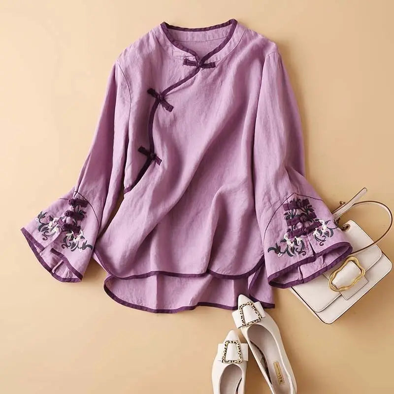 2023 New Spring Womens Shirt, Chinese Style, Artistic Embroidery, Loose Fit, V Neck Top, Fashionable Clothes for Women