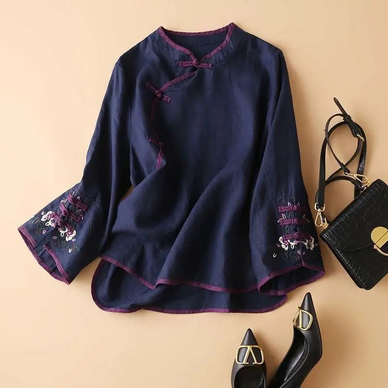 2023 New Spring Womens Shirt, Chinese Style, Artistic Embroidery, Loose Fit, V Neck Top, Fashionable Clothes for Women