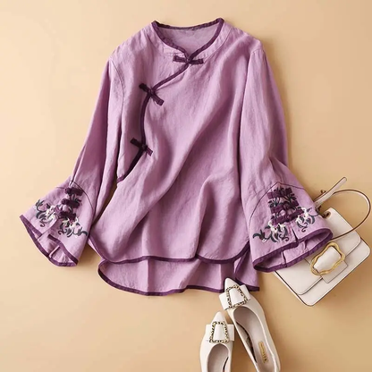 2023 New Spring Womens Shirt, Chinese Style, Artistic Embroidery, Loose Fit, V Neck Top, Fashionable Clothes for Women