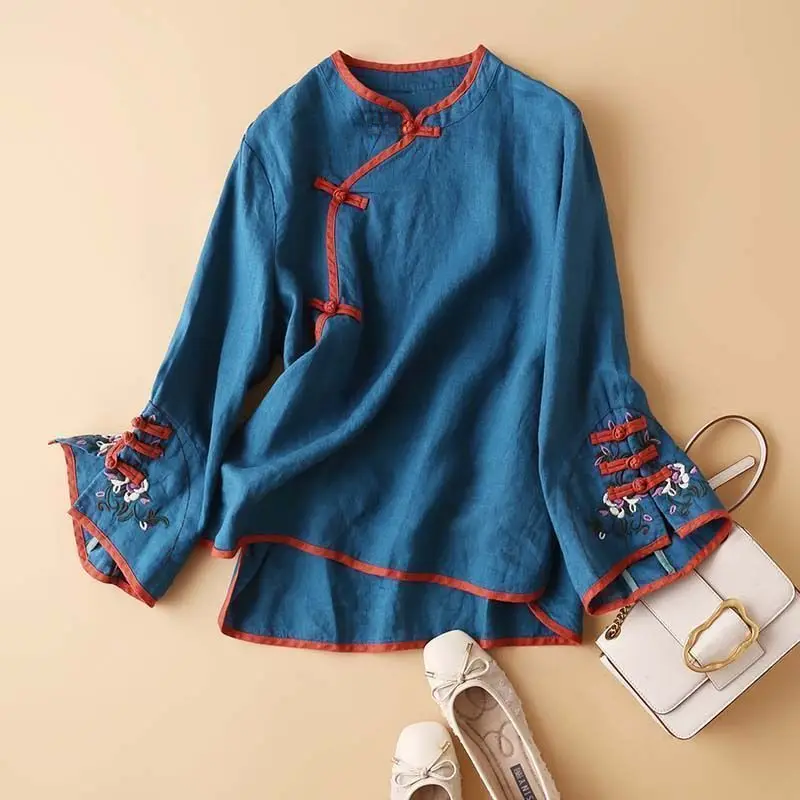 2023 New Spring Womens Shirt, Chinese Style, Artistic Embroidery, Loose Fit, V Neck Top, Fashionable Clothes for Women