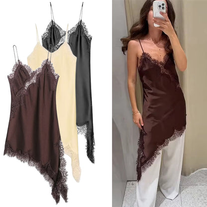Satin Sexy Lace Spliced Short Sling Dress, Women Sleeveless Backless Asymmetric Dress, Summer Party Dresses 2025 Lady