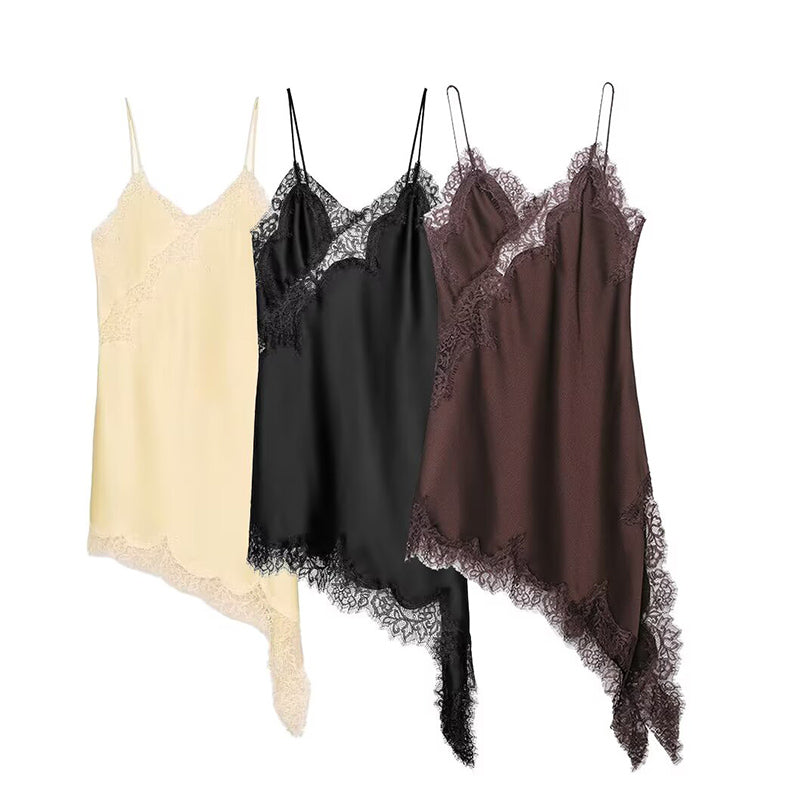 Satin Sexy Lace Spliced Short Sling Dress Women Sleeveless Backless Asymmetric Dress Summer Party D 1