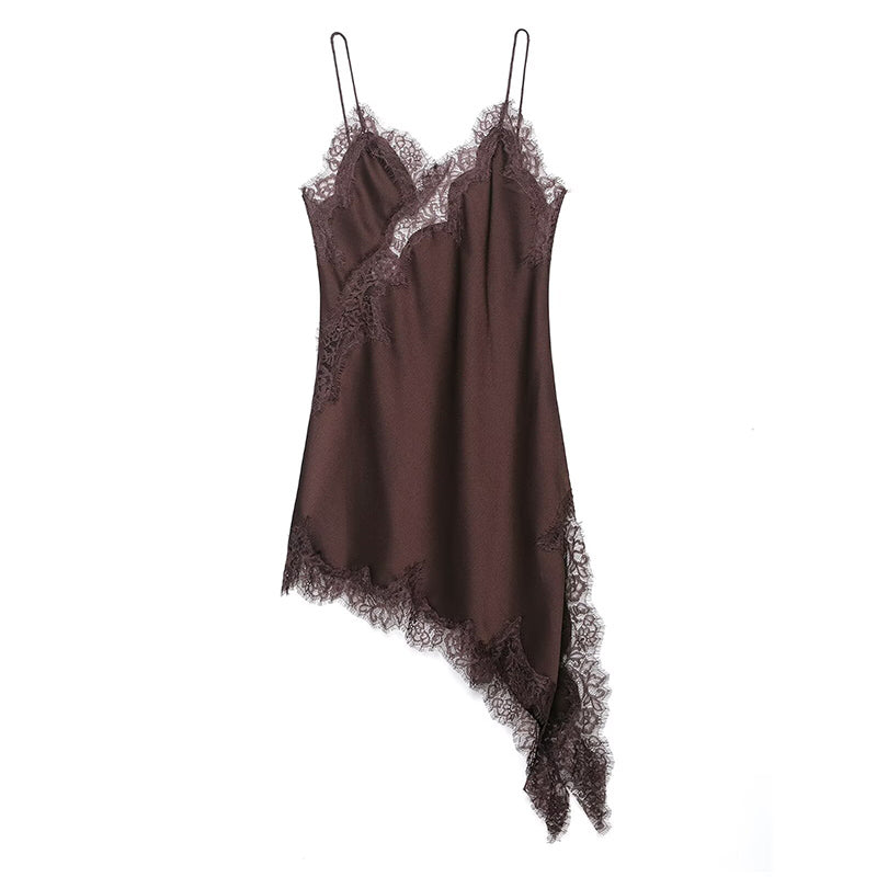 Satin Sexy Lace Spliced Short Sling Dress Women Sleeveless Backless Asymmetric Dress Summer Party D 2