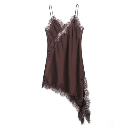 Satin Sexy Lace Spliced Short Sling Dress Women Sleeveless Backless Asymmetric Dress Summer Party D 2
