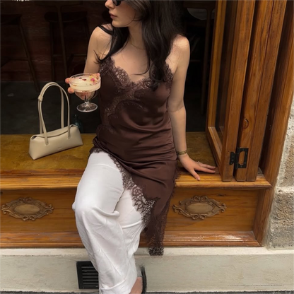 Sexy Chic Brown Lace Women Dress V Neck Cami Y2K Club Dress Summer Fall 2025 Fashion Backless Eveni 2