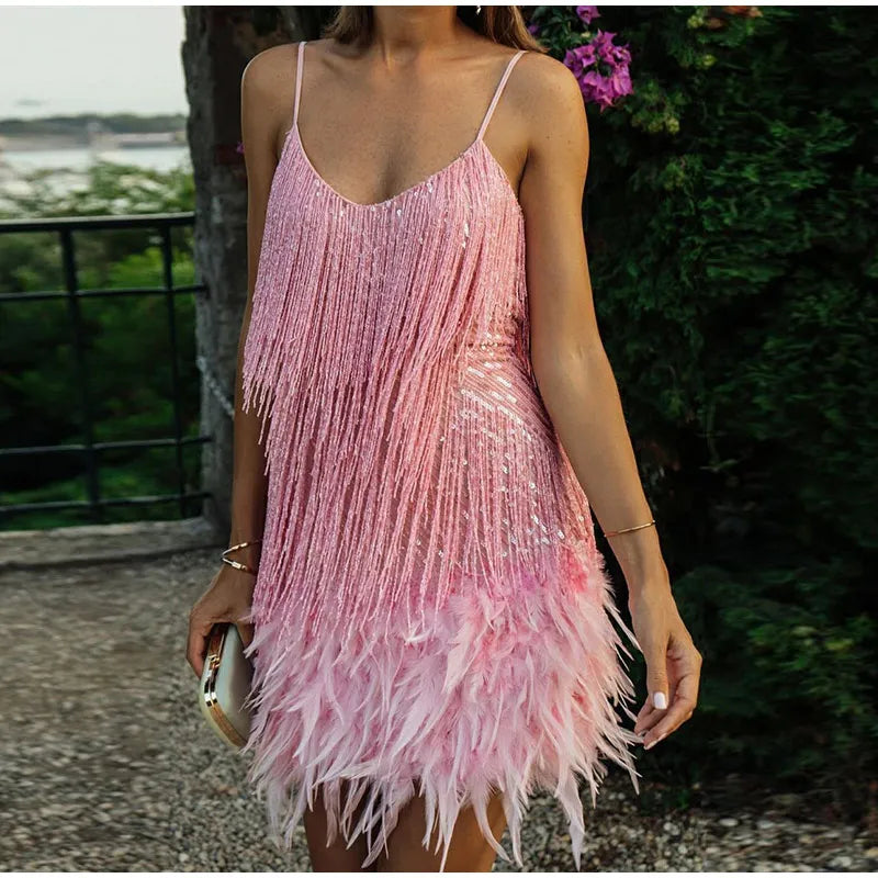 2025 Sexy Feather Sequins Tassel Mini Dress, Spaghetti Strap Evening Club Dress for Women Elegant Stitching