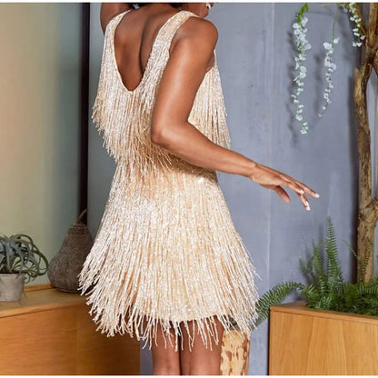 2025 Sexy Feather Sequins Tassel Mini Dress, Spaghetti Strap Evening Club Dress for Women Elegant Stitching